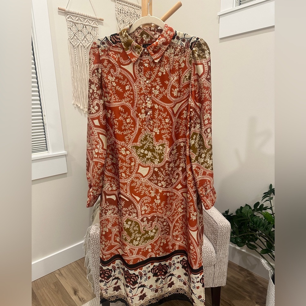 1.STATE Rust Floral Paisley Button Front Shift Dress M Pockets - Picture 2 of 7